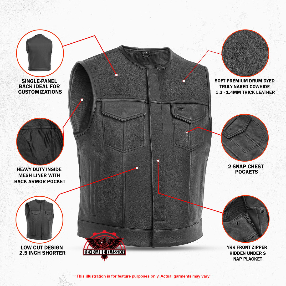 Target Lowcut Mens Leather Motorcycle Vest - Features