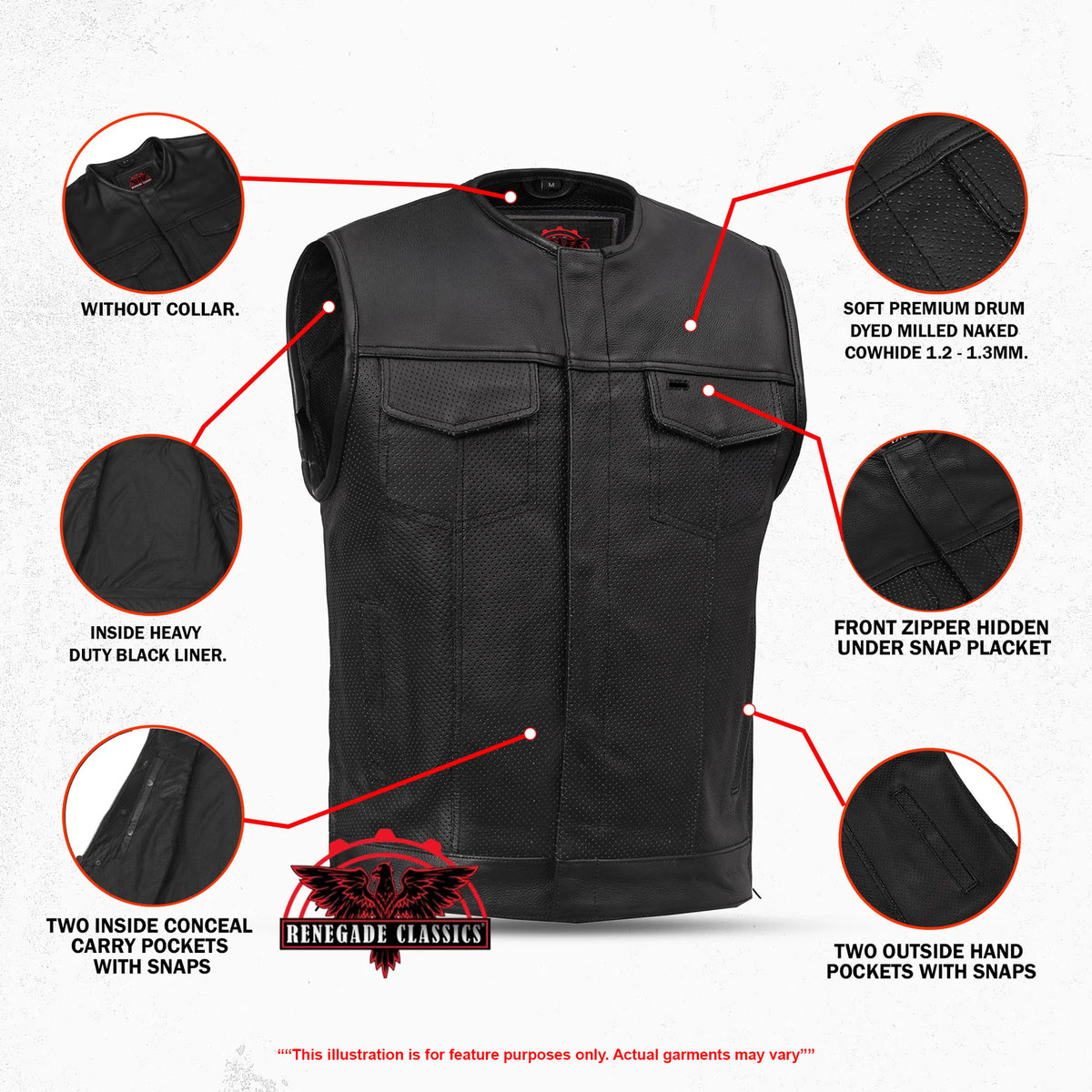 Cool Edge Mens Leather Motorcycle Vest - Features