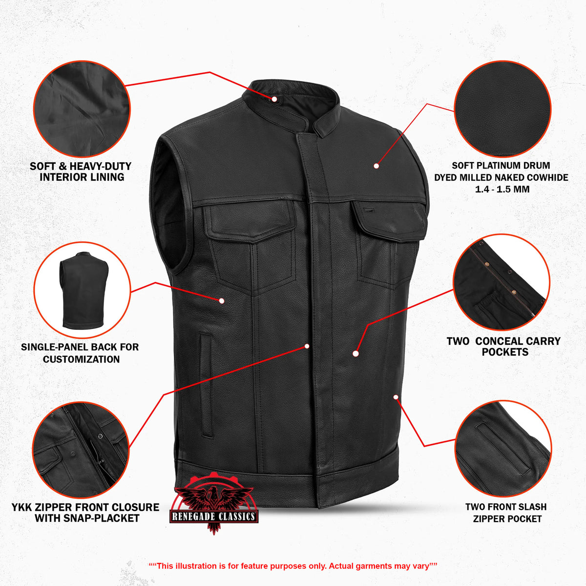 Grit Mens Leather Motorcycle Vest - Features