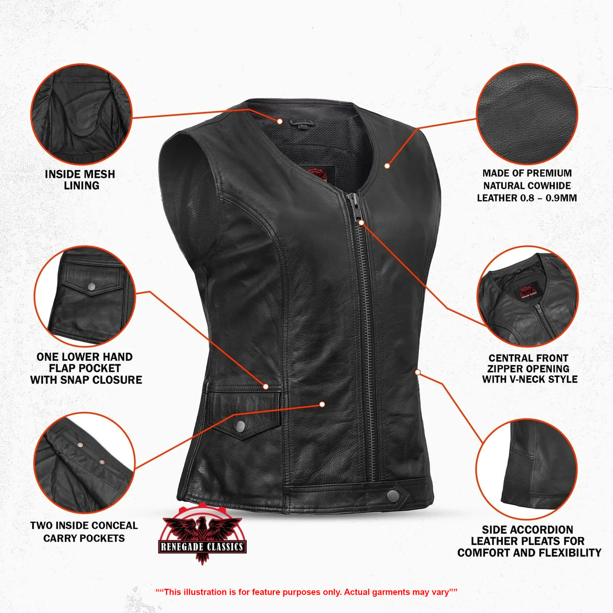 Drakelle Women’s Leather Motorcycle Vest - Features