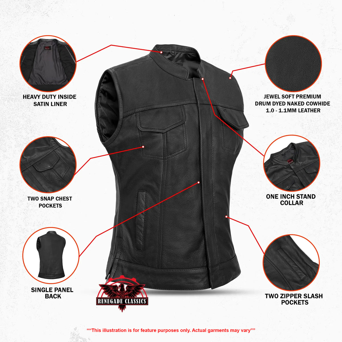 Maxillea™ Womens Leather Motorcycle Vest - Features