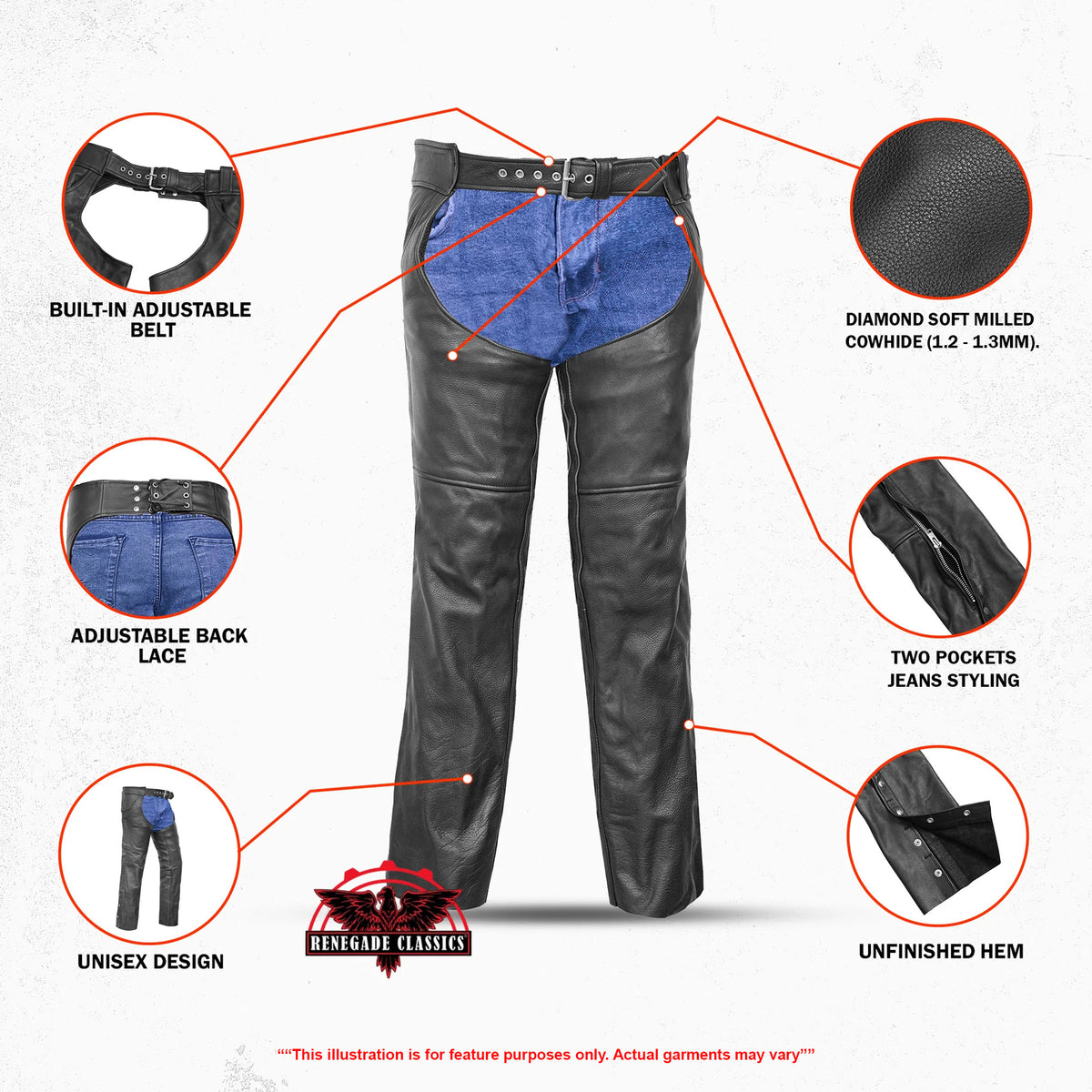 Traza™ Unisex Leather Motorcycle Chaps - Features