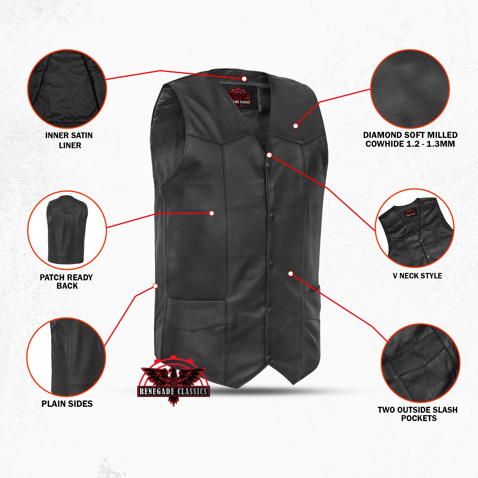 Black Hide Mens Tall Motorcycle Leather Vest