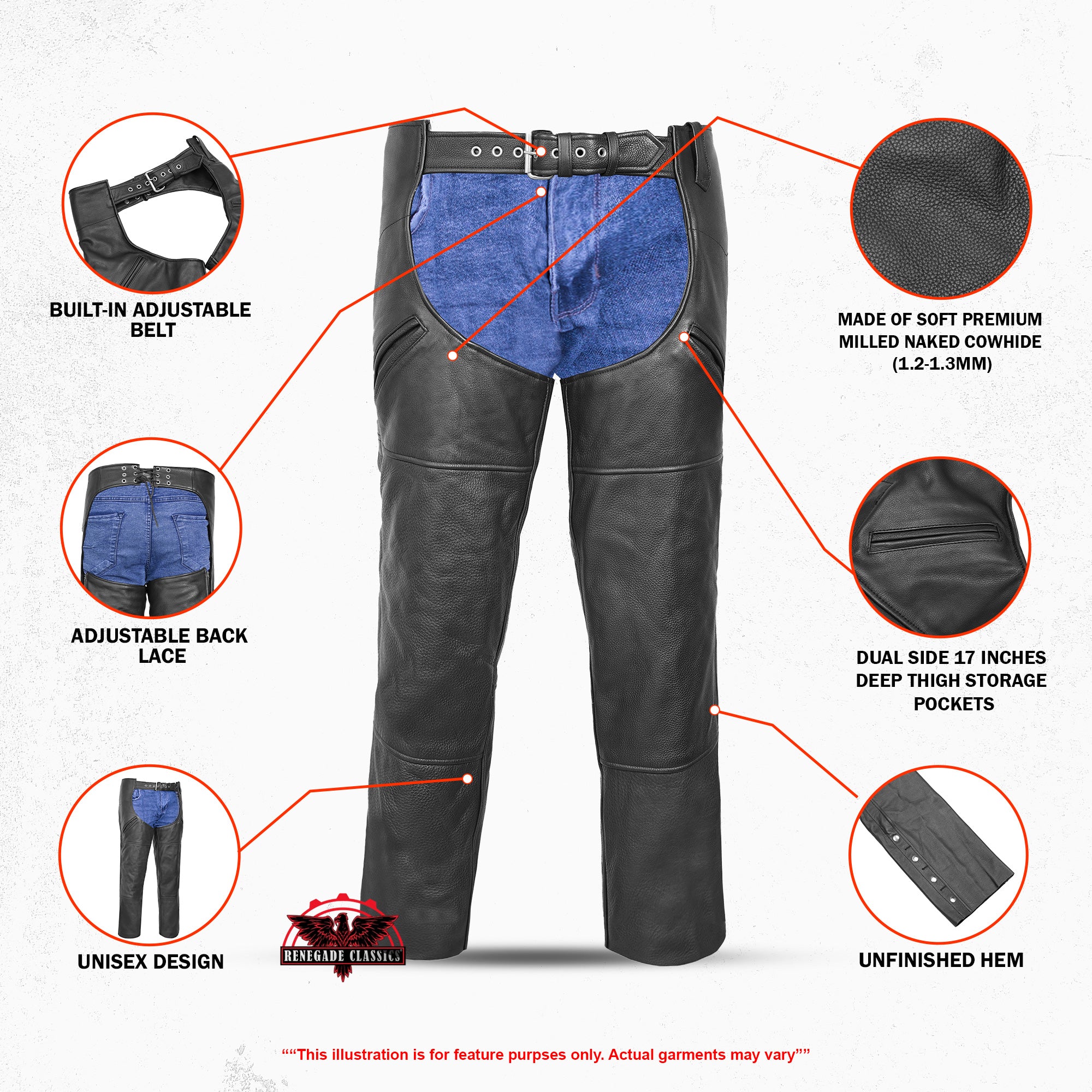 Leather Guard™ Unisex leather motorcycle chaps - Black