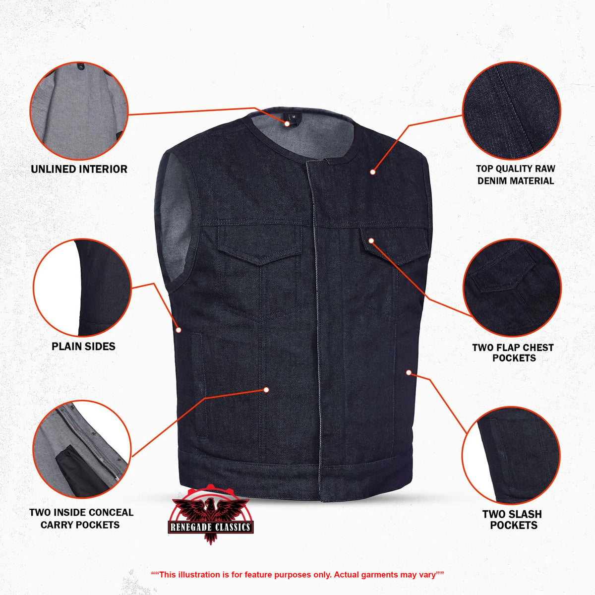 Hardline Mens Denim Motorcycle Vest - Features