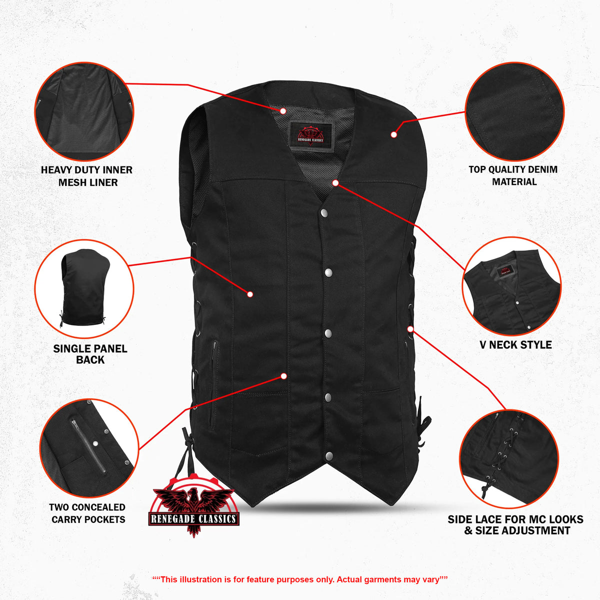 Denhawk™ Mens Denim Motorcycle Vest - Features