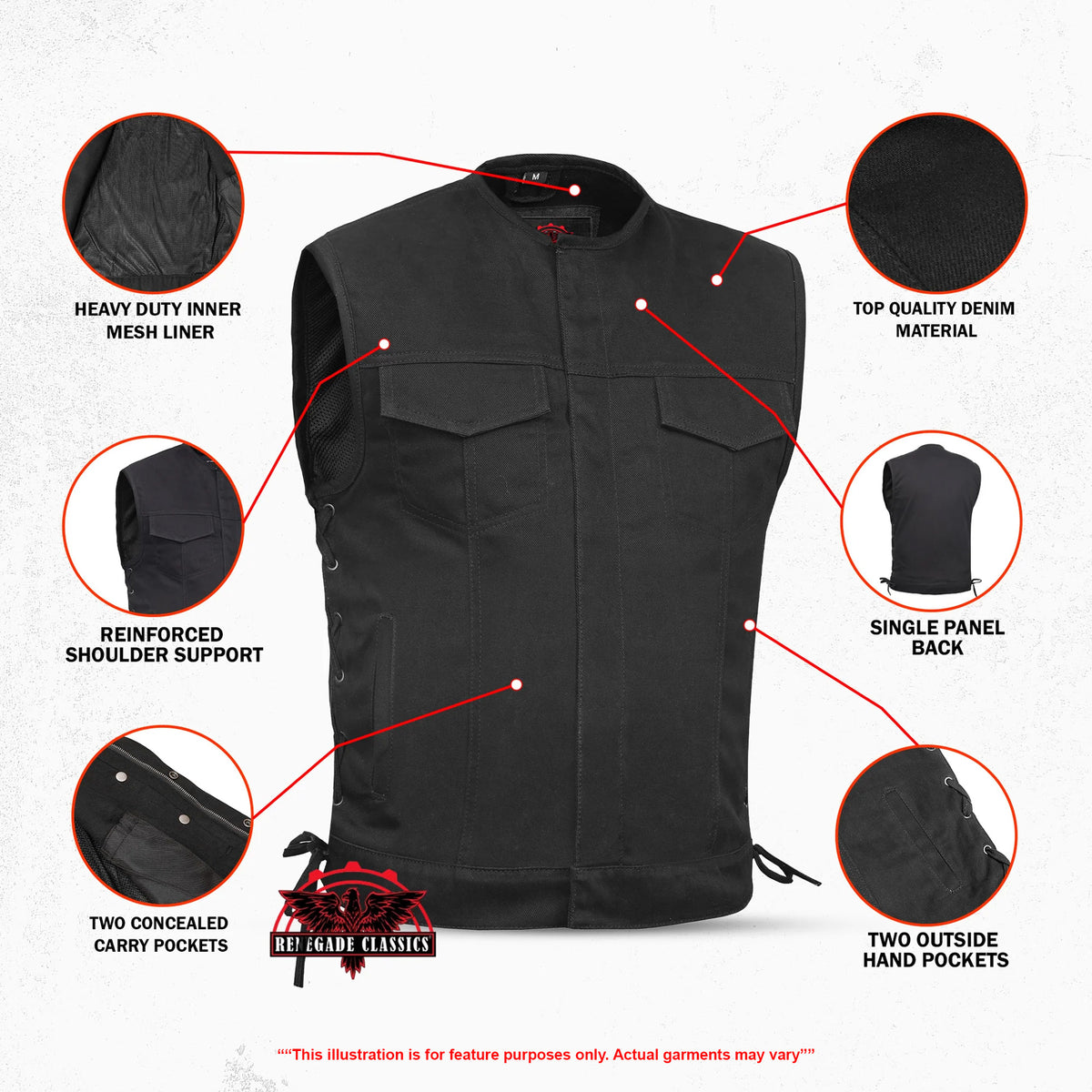 Dark Terrain™ Mens Denim Motorcycle Vest - Features
