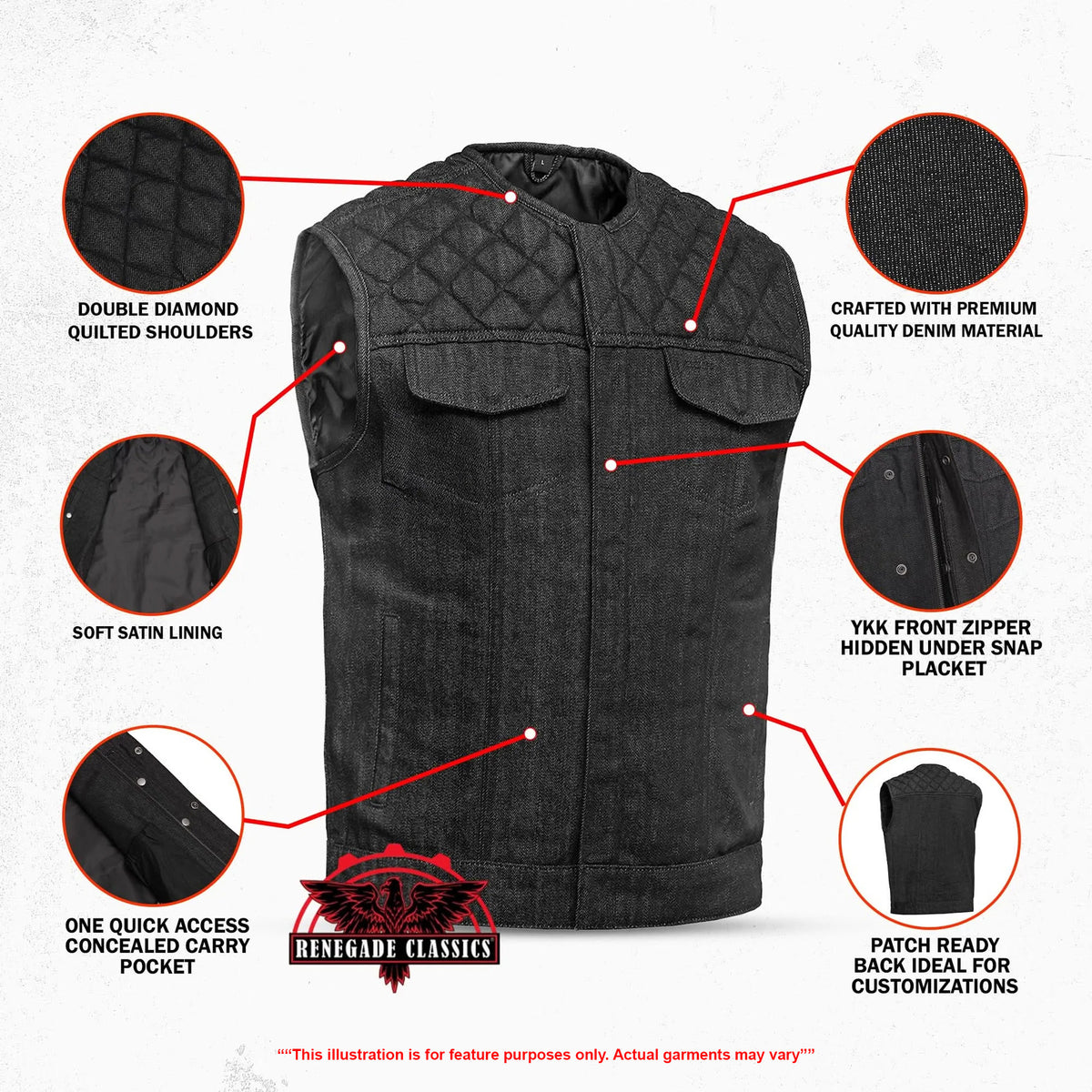 Gallant Mens Denim Motorcycle Vest - Features