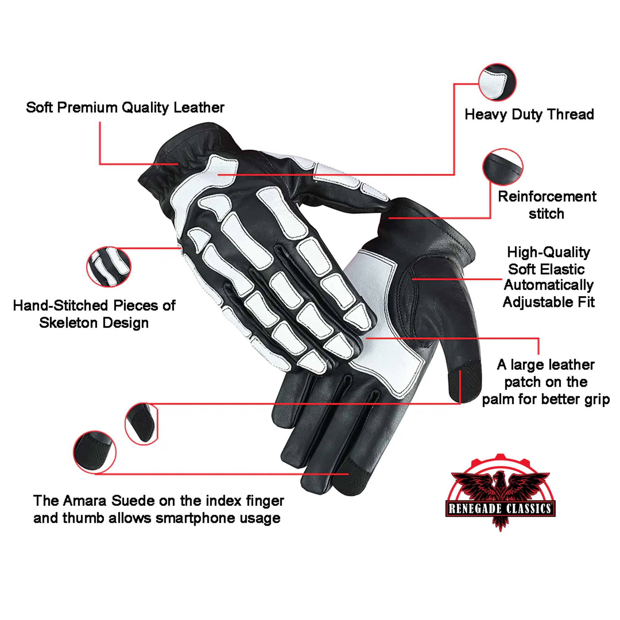 Men’s motorcycle gloves, black/white ‘SkullTrail’ skeleton design, premium soft leather, heavy-duty thread, reinforced stitching, elastic cuff for adjustable fit, large leather palm patch for grip, Amara suede on index and thumb for smartphone use; Renegade Classics branding.