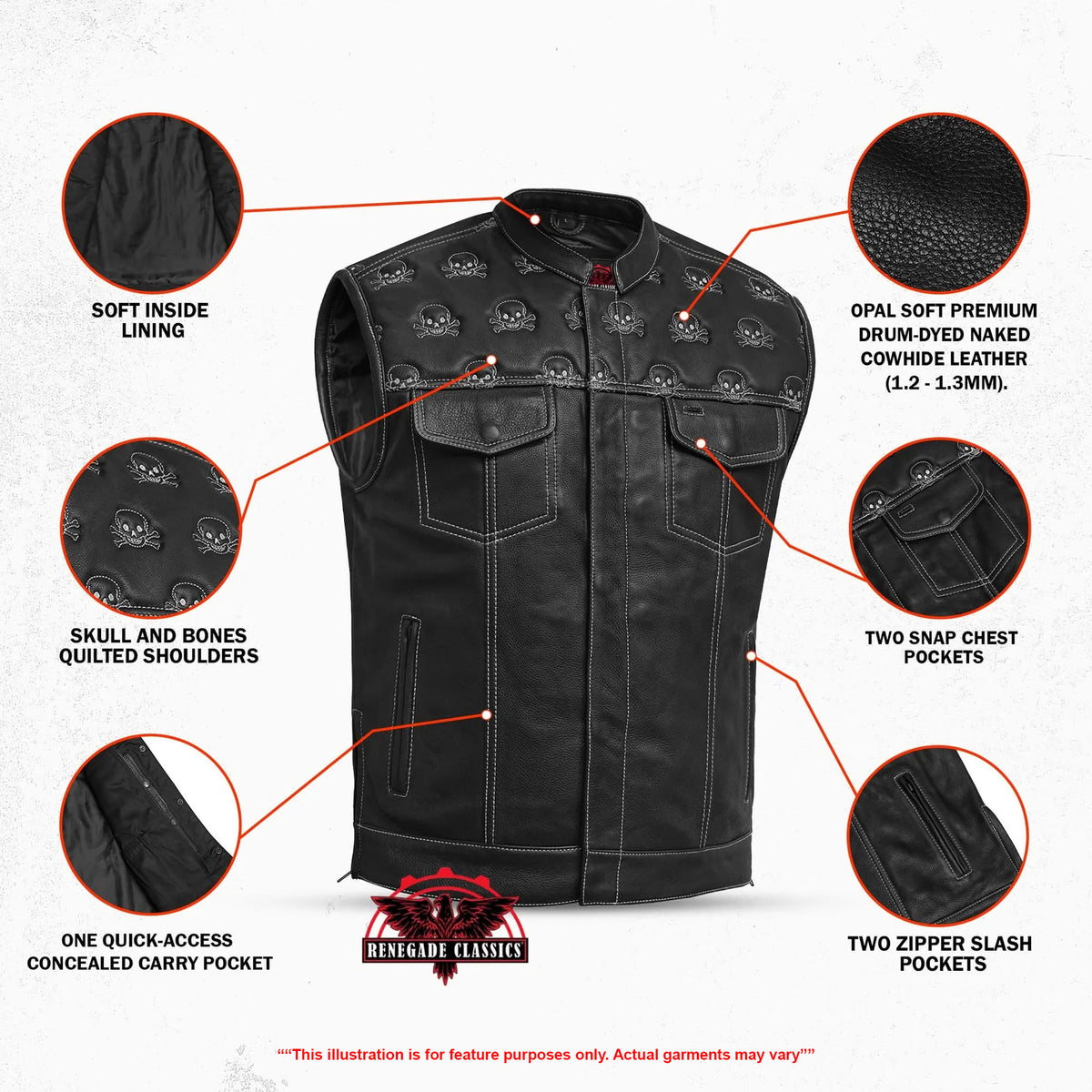Dustin Mens Leather Motorcycle Vest - Features