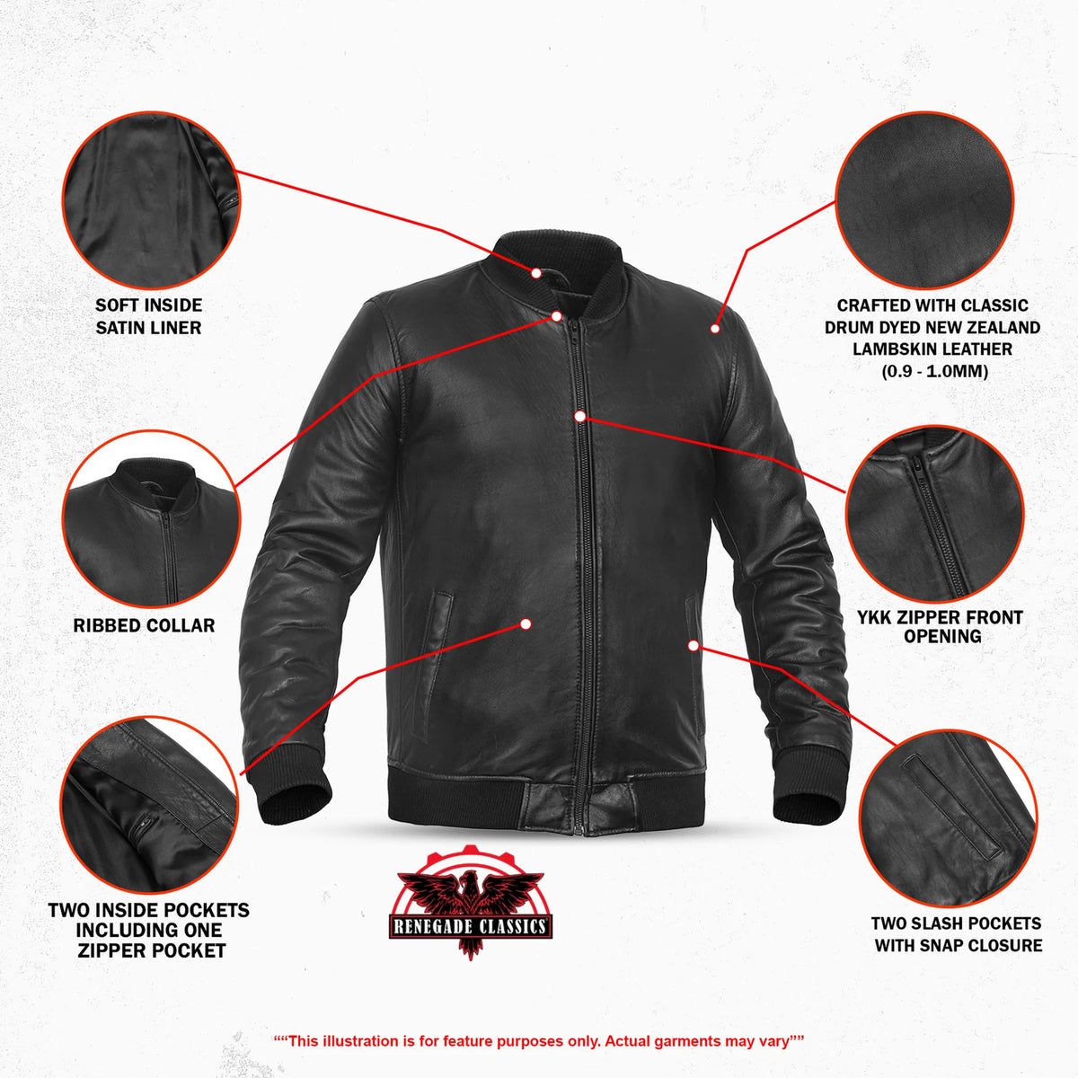 York™ Men's Leather Bomber Motorcycle Jacket - Features