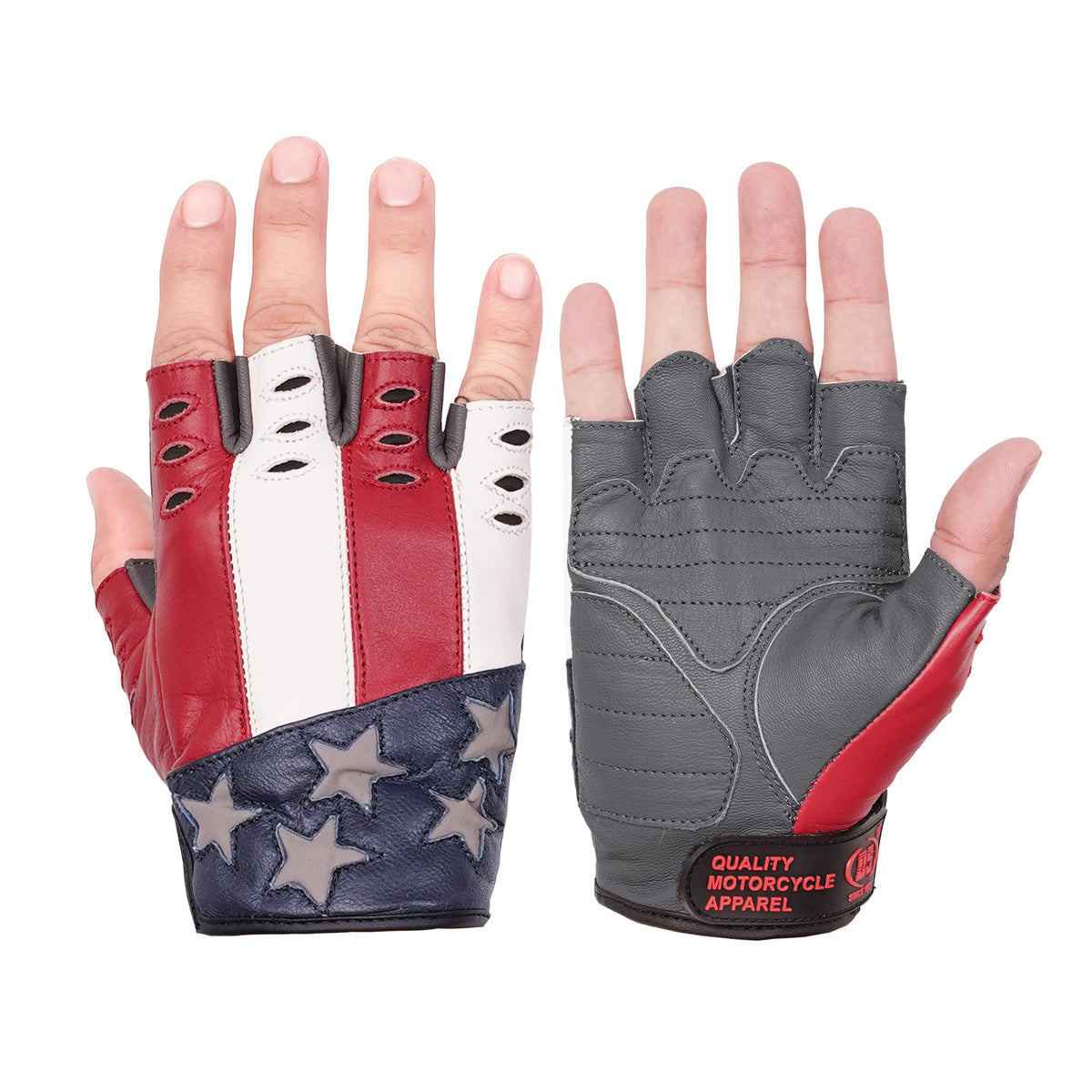 ThrottleFit™ Men's leather Fingerless gloves - Red, White & Blue