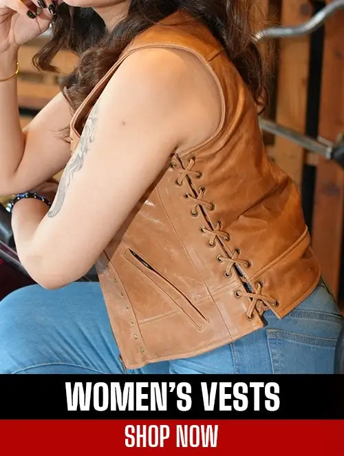Woman wearing a brown leather vest with text 'WOMEN'S VESTS SHOP NOW' at the bottom.