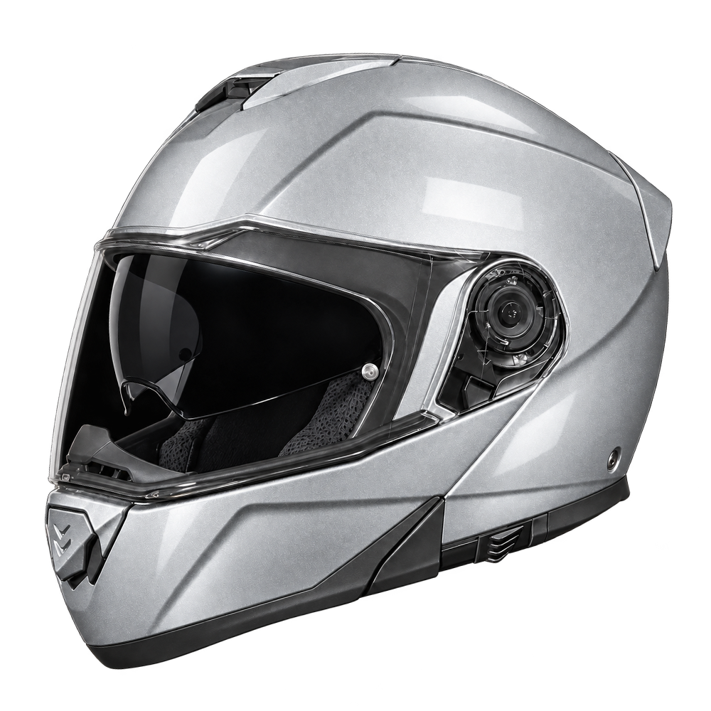 Daytona Glide Modular Motorcycle Helmet - DOT Approved, Bluetooth Ready, Dual Visor, Men/Women/Youth- Silver Metallic