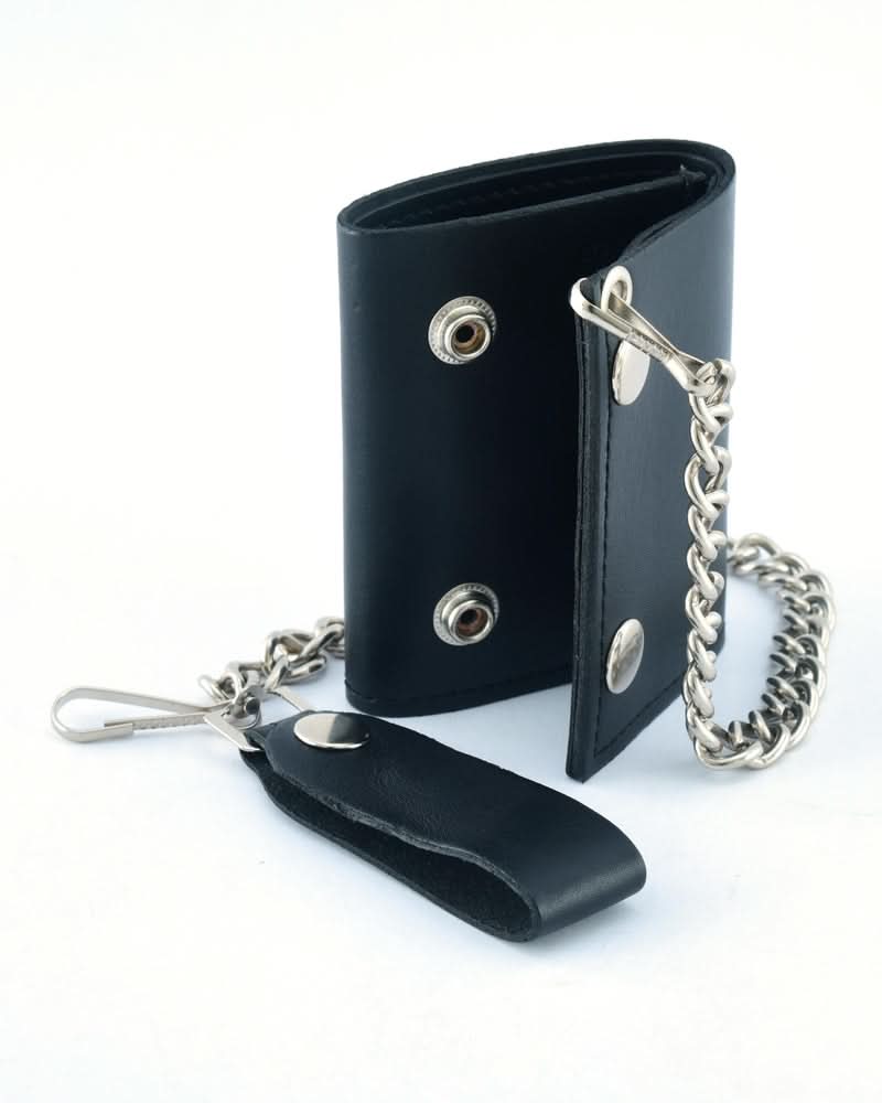 BWC235 Black Tri-Fold Genuine Leather Wallet with Chain Wallet Chains/Key Leash Renegade Classics