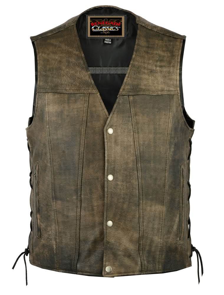 Antique Charm Men's Antique Brown Leather Motorcycle Vest Men's Leather Vests Renegade Classics