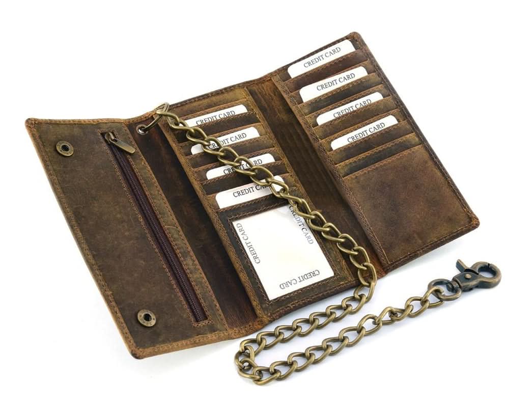 BWC233 DISTRESSED BROWN LEATHER LONG TRI-FOLD BIKER WALLET Wallet Chains/Key Leash Renegade Classics