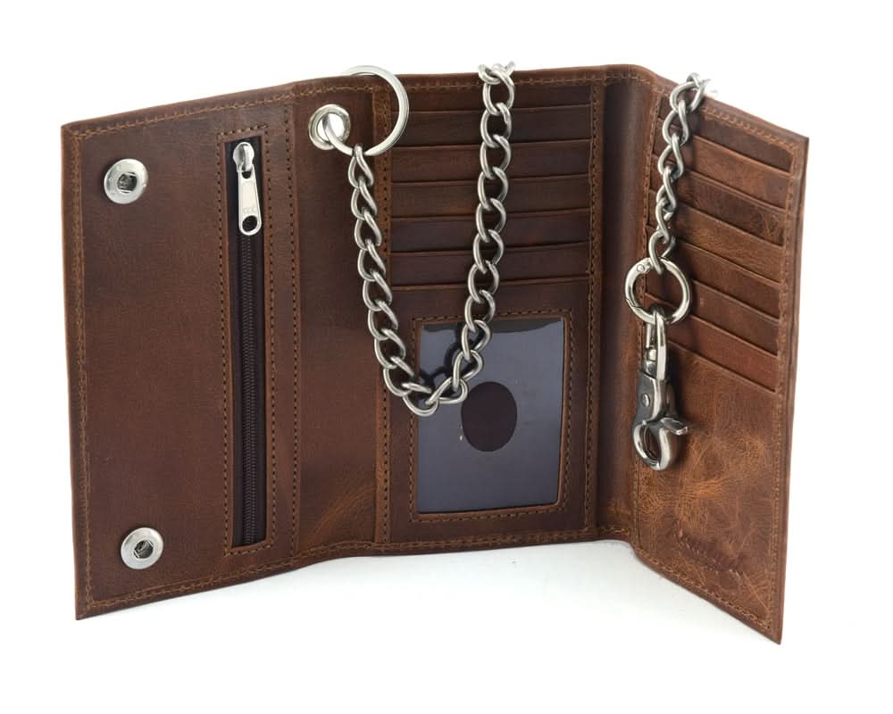 BWC234 BROWN LONG TRI-FOLD BIKER LEATHER CHAIN WALLET Wallet Chains/Key Leash Renegade Classics