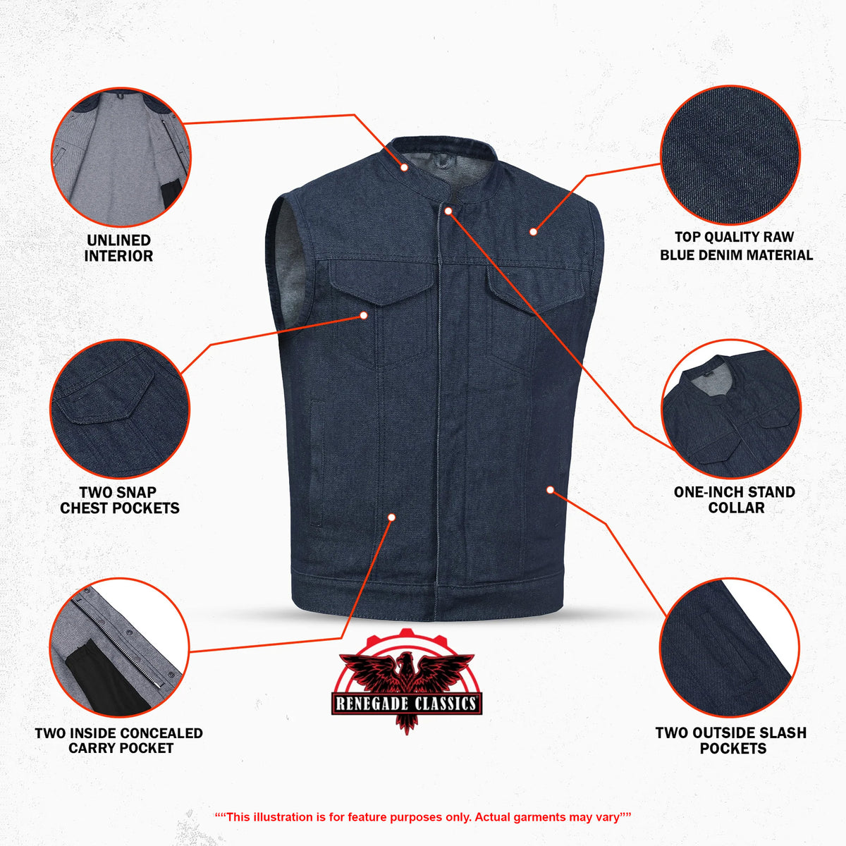 True blue™ Mens Denim Motorcycle Vest - Features