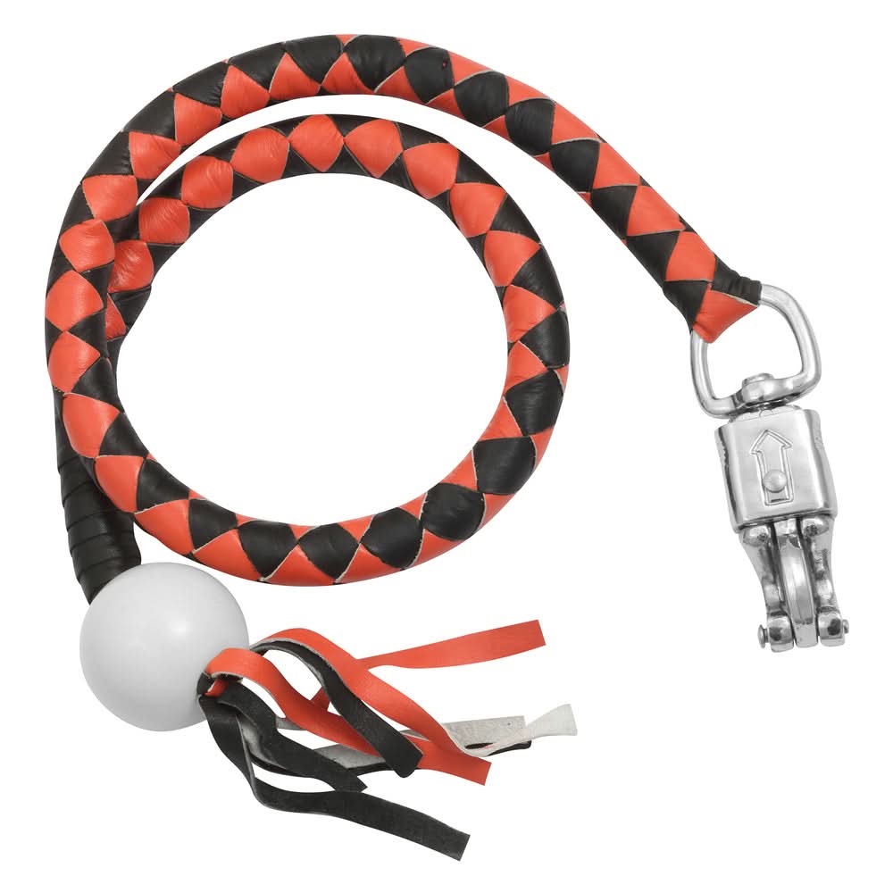 GBW29B Leather Handlebar Fringe - Orange/Black w/ White Pool Ball