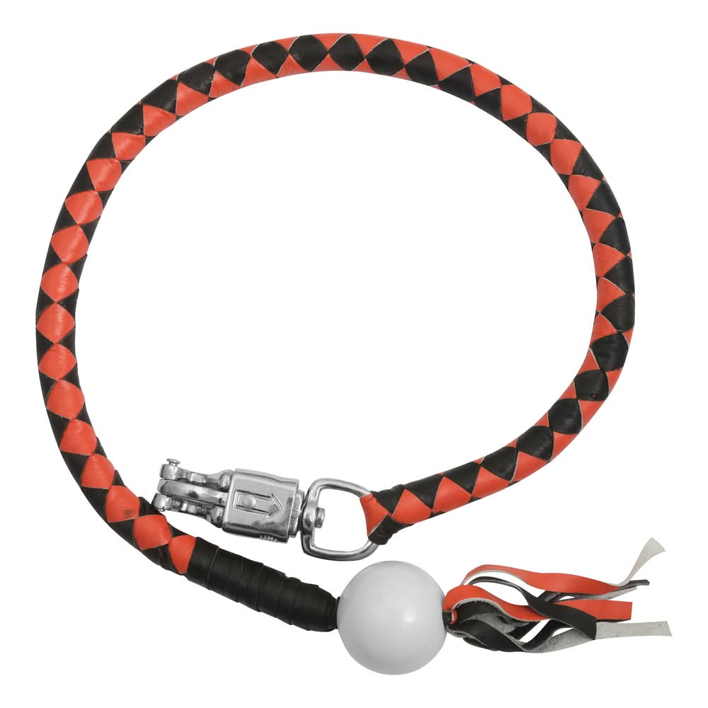 GBW29B Leather Handlebar Fringe - Orange/Black w/ White Pool Ball