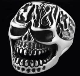 R122 Stainless Steel Fire Face Skull Biker Ring Rings Renegade Classics