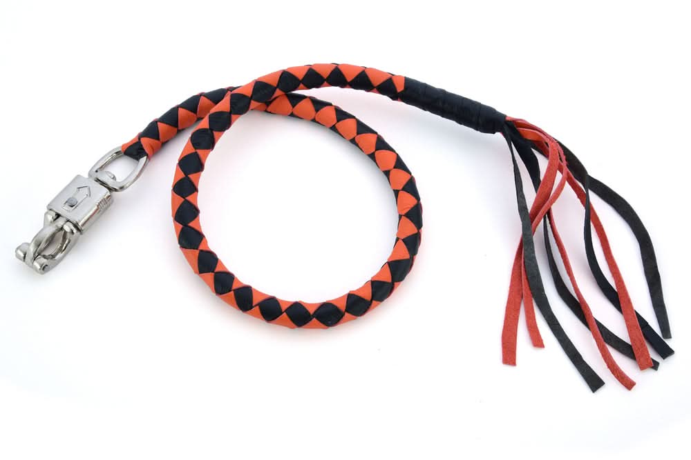 GBW202 Leather Handlebar Fringe - Orange/Black Whips Renegade Classics