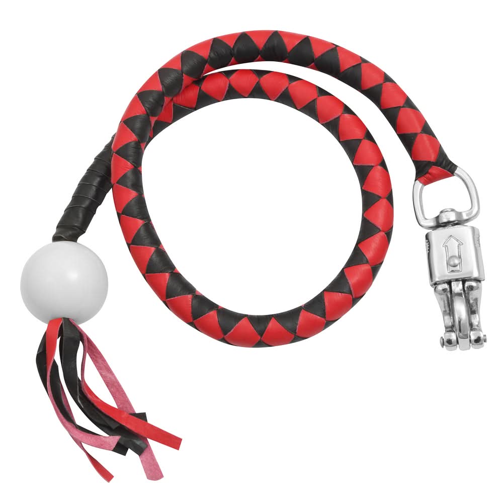 GBW211B Leather Handlebar Fringe - Red/Black w/ White Pool Ball Whips Renegade Classics