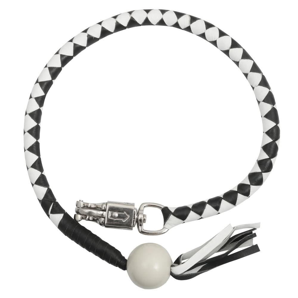 GBW212B Leather Handlebar Fringe - White/Black w/ White Pool Ball Whips Renegade Classics
