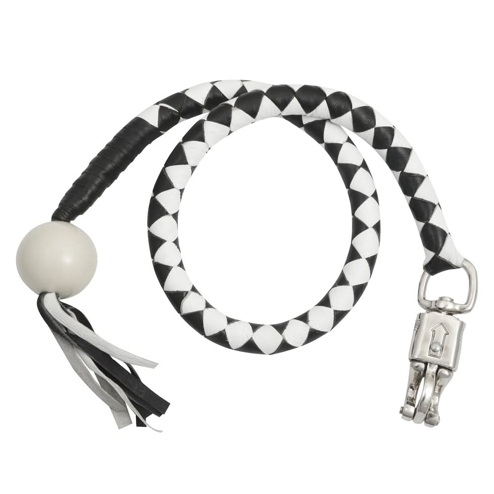 GBW212B Leather Handlebar Fringe - White/Black w/ White Pool Ball Whips Renegade Classics