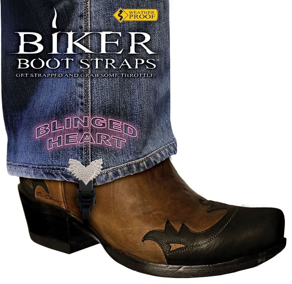 BBS/BH4 Weather Proof- Boot Straps- Blinged Heart- 4 Inch Biker Boot Straps Biker Boot Straps