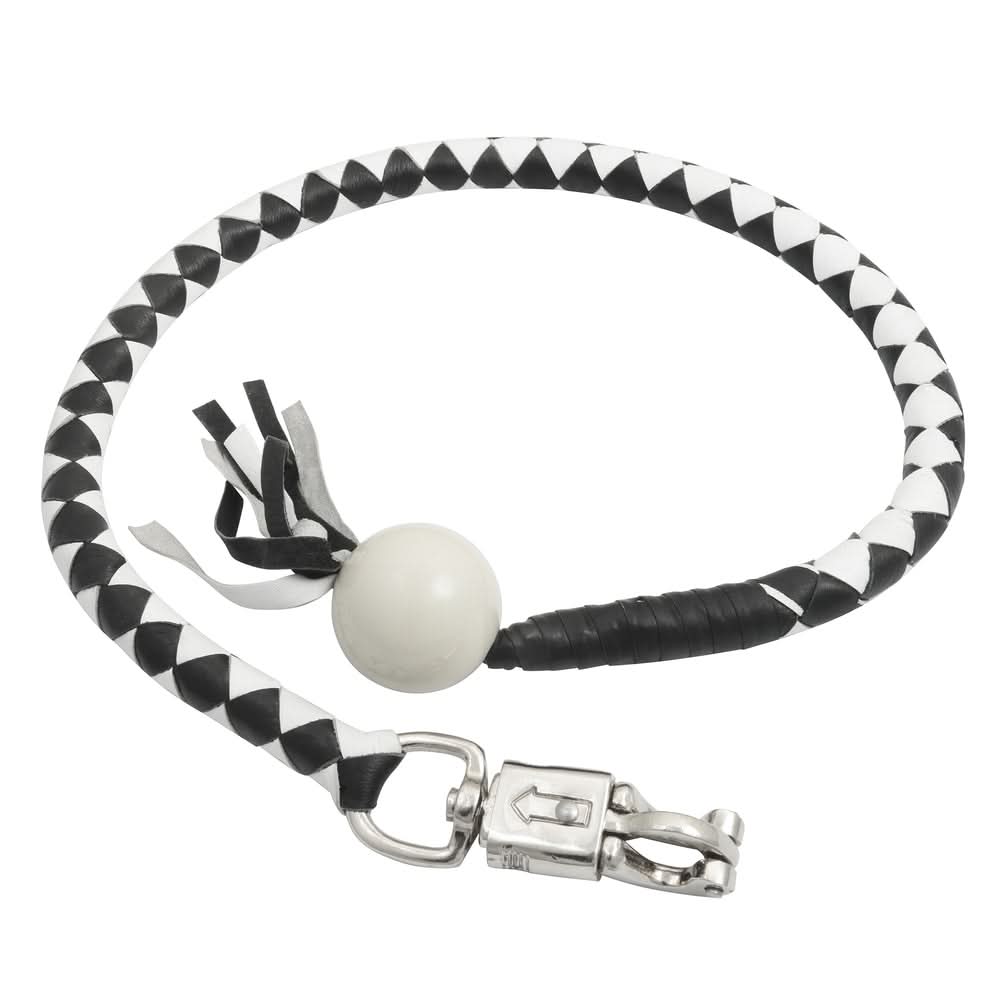GBW212B Leather Handlebar Fringe - White/Black w/ White Pool Ball Whips Renegade Classics