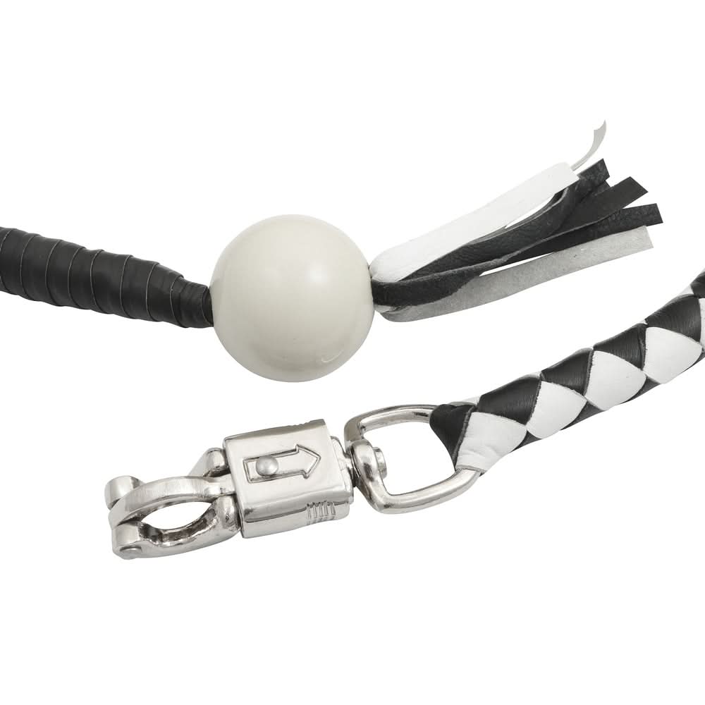 GBW212B Leather Handlebar Fringe - White/Black w/ White Pool Ball Whips Renegade Classics