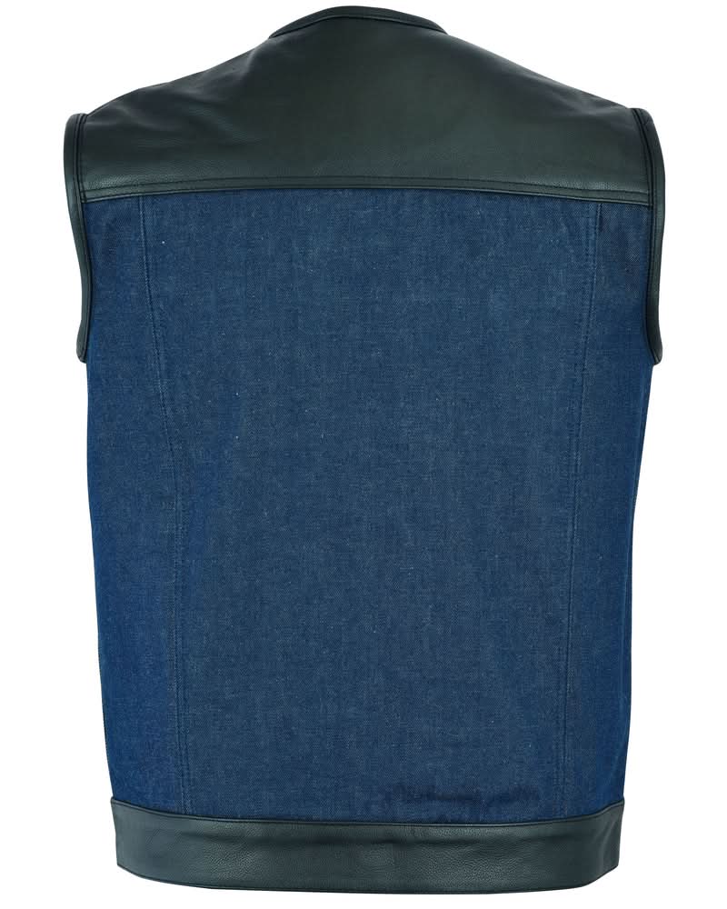Blueburn Men's Leather & Denim Combo Motorcycle Vest (Black/Broken Blue) Men's Denim Vests Renegade Classics