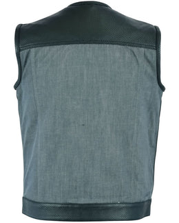 Edgeway Men's Leather & Denim Combo Motorcycle Vest (Black/Ash Gray) Men's Denim Vests Renegade Classics
