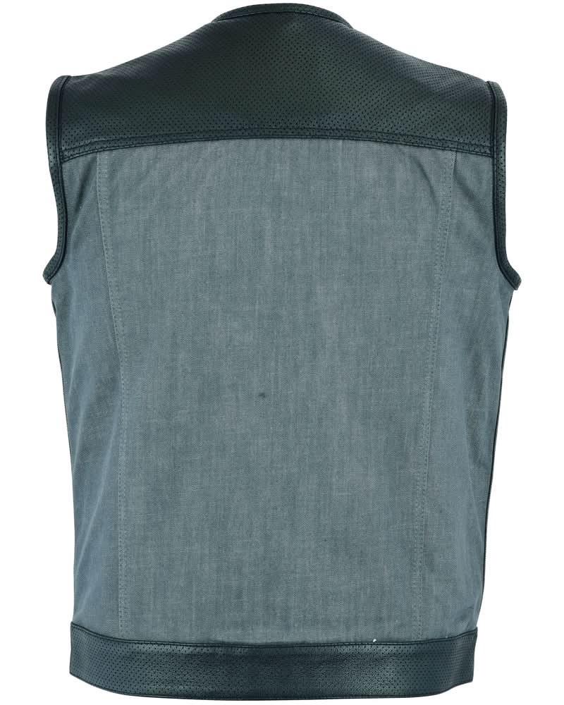 Edgeway Men's Leather & Denim Combo Motorcycle Vest (Black/Ash Gray) Men's Denim Vests Renegade Classics